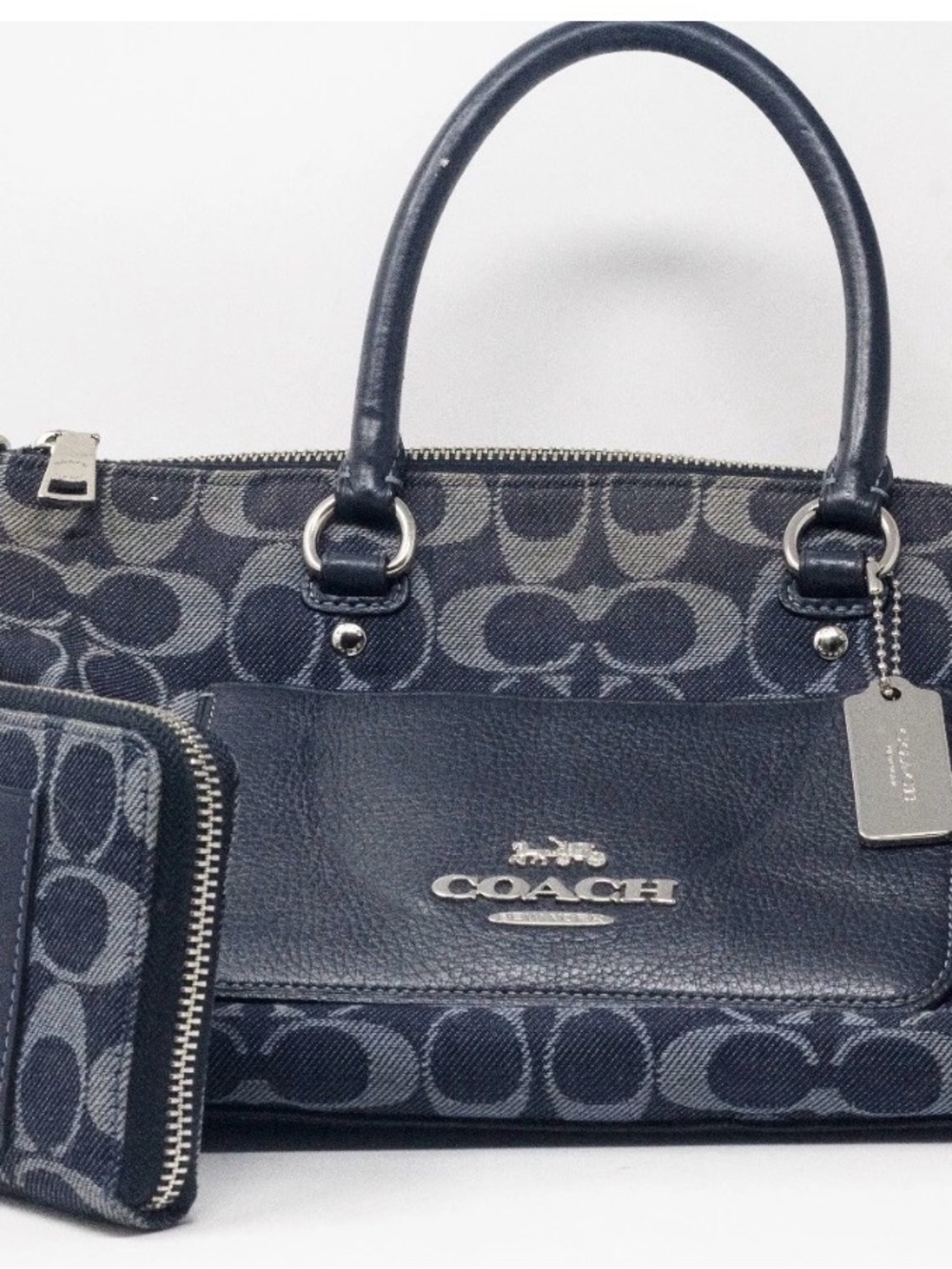 Coach Navy and Gray Signature Satchel with Wallet